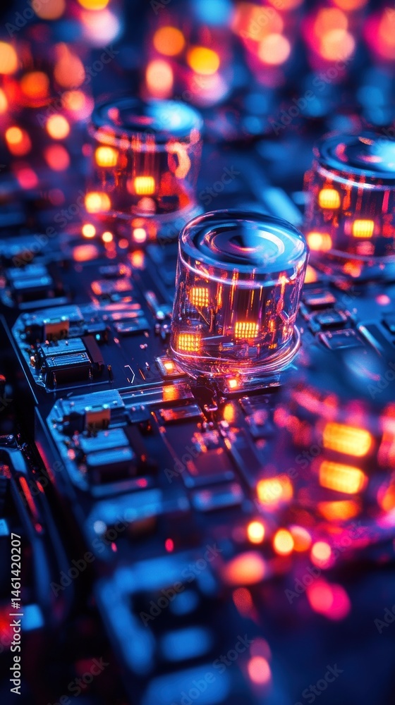 Poster close-up of illuminated circuit board with transparent components.