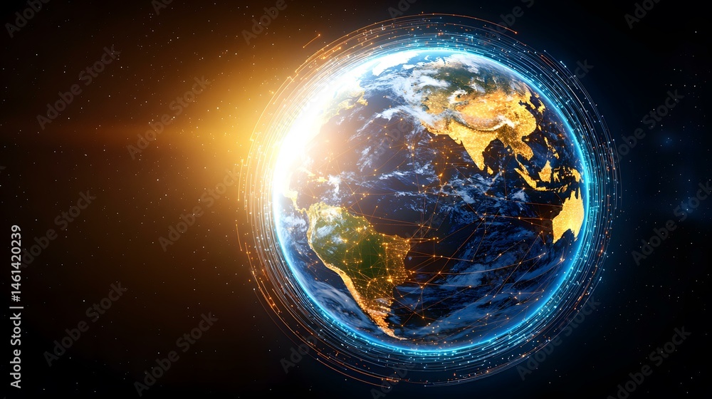 Poster the image shows a digitally enhanced view of planet earth from space, illuminated at night, with glo