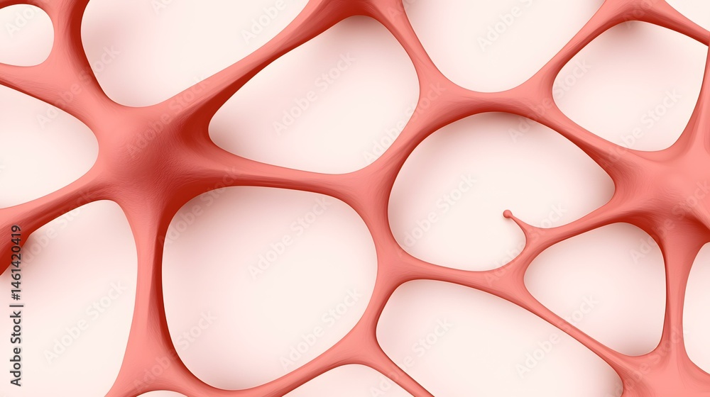 Poster the image contains an abstract representation of a coral-colored, interconnected network of flowing,