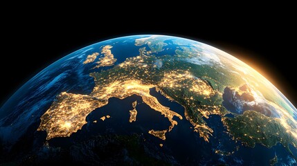 Fototapeta premium A nighttime satellite view of Europe, showcasing the illuminated cities and urban areas against the backdrop of the dark ocean and landmasses.