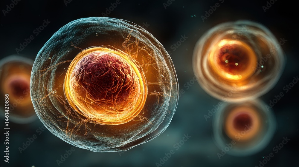 Poster somatic cell, cellular structures showcasing intricate details and vibrant colors in a scientific co