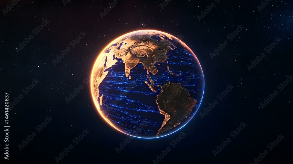 Poster a digitally enhanced image of earth, glowing with warm and cool light, shows interconnected lines re