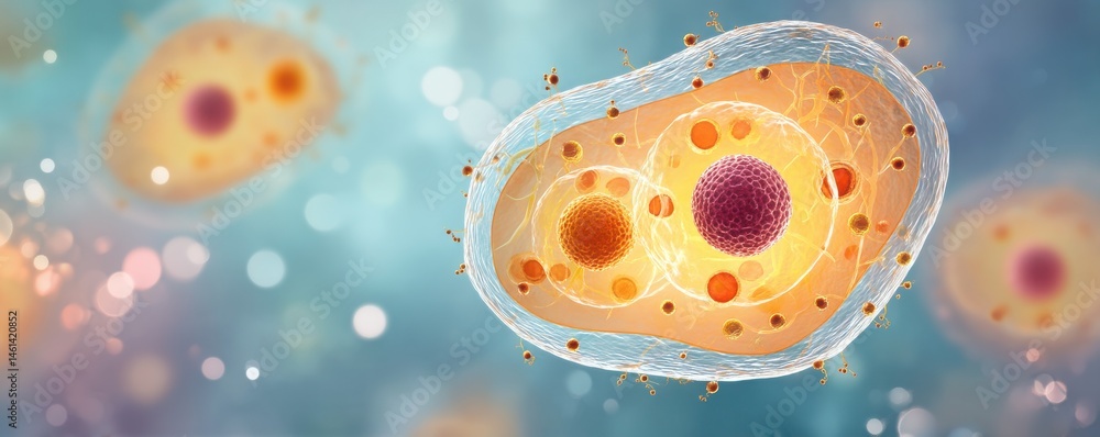 Poster somatic cell, cellular structure with vibrant colors and intricate details, representing biological 
