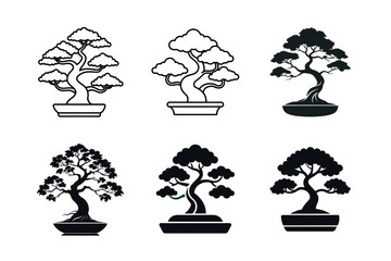  vector silhouette icon set of bonsai trees on white background