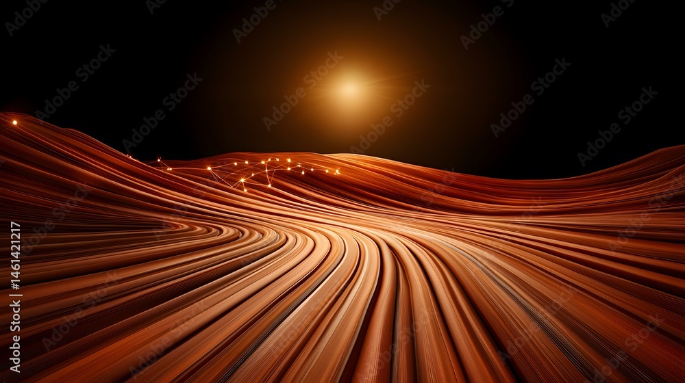 Poster the image shows an abstract rendering of flowing, reddish-brown lines that create a landscape effect