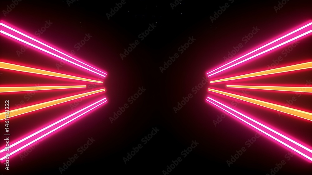 Poster the image contains a symmetrical arrangement of neon lights. bright pink and orange neon lines radia