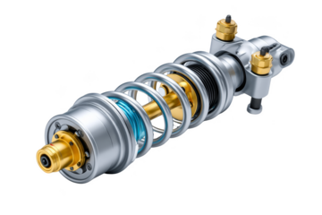 Shock absorber featuring coils and hydraulic components for vehicle suspension. Png, Transparent background.