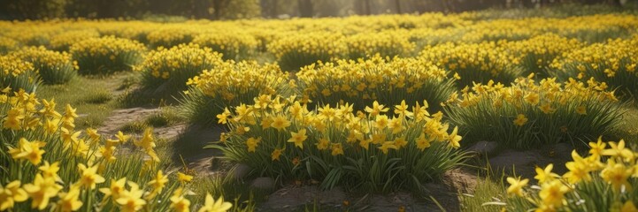 Obraz premium Golden daffodils carpet sunny meadow, cheerful seasonal scene , flora, wildflowers