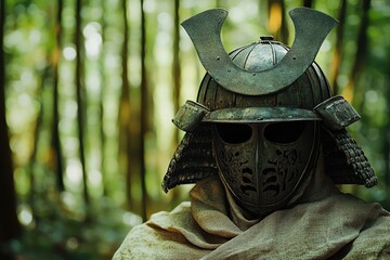 Obraz premium Ancient warrior's helmet in a verdant forest.