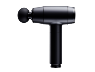A sleek black massage gun with a rounded head designed for muscle relaxation and recovery.
