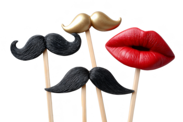 Mustache and lips props on sticks for playful decoration. Png, Transparent background.