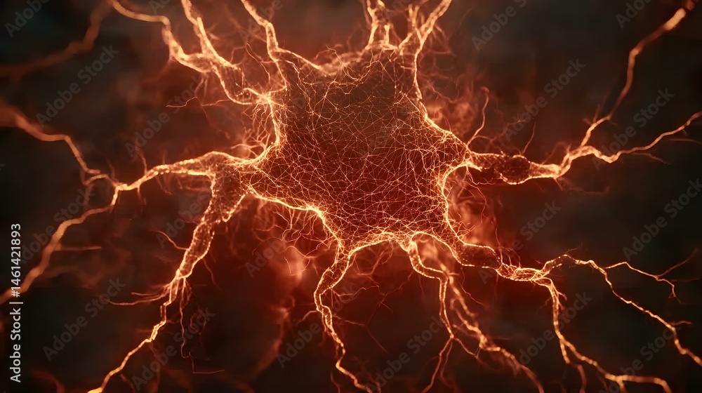 Aufkleber the image shows a stylized representation of a neuron, its branching dendrites and axon glowing a fi