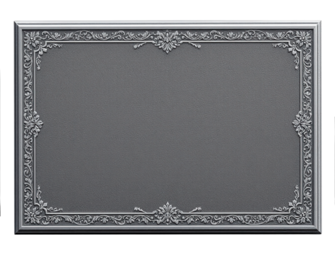 Ornate silver frame with intricate decorative patterns and a textured center.