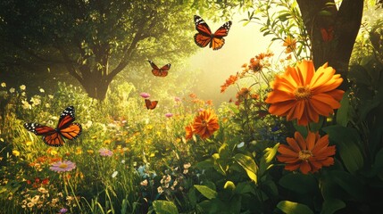 Sunlight filters through forest meadow with butterflies and flowers