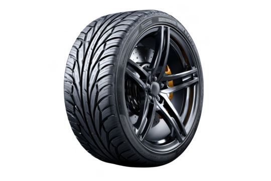 High-performance car tire with a sleek design and detailed tread pattern. Png, Transparent background.