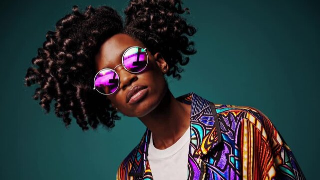 Trendy individual in vibrant attire grooving to energetic beat with stylish sunglasses