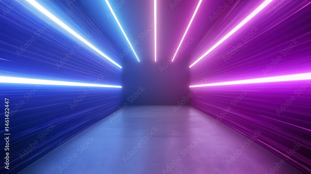 Poster the image contains a futuristic, abstract scene with bright neon lights in blue and purple hues, cre