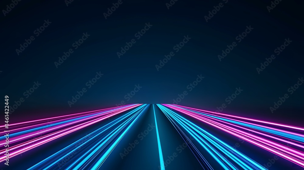 Poster the image contains multiple bright, neon blue and pink lines converging towards a vanishing point in