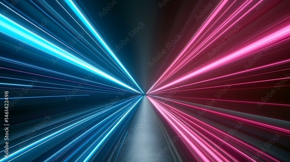 Poster the image contains a digital rendering of a futuristic tunnel or corridor with bright neon blue and 