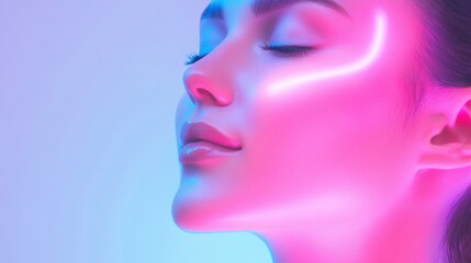 Young woman with artistic lighting, serene expression, vibrant neon colors highlighting features, perfect for beauty themes.