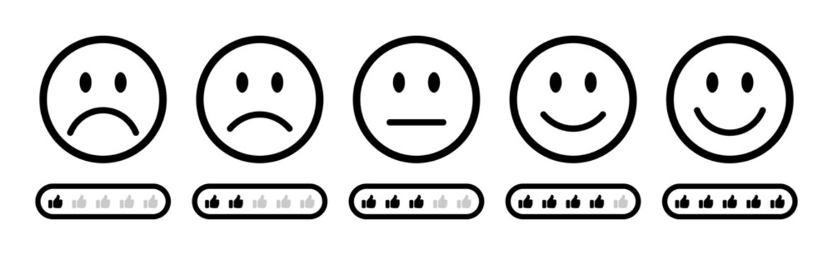 Naklejki Emoji feedback rating scale with thumbs up icons below each face from sad to happy. Suitable for surveys, reviews, user experience, customer feedback forms, and social media. Rating emoji, feedback.