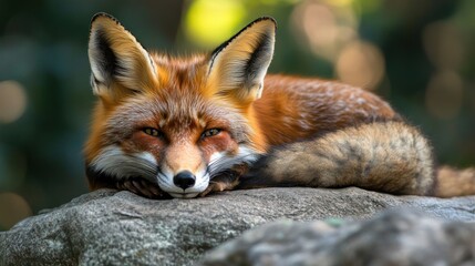 Fototapeta premium Red fox resting on a rock, looking at the camera.