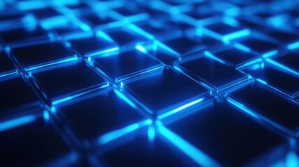 Illuminated keyboard, close-up of blue glowing keys creating a vibrant tech atmosphere, ideal for digital themes and designs
