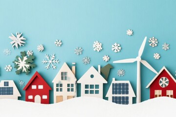 Naklejka premium Eco-Friendly Winter Village with Snowflakes and Wind Turbine Energy.