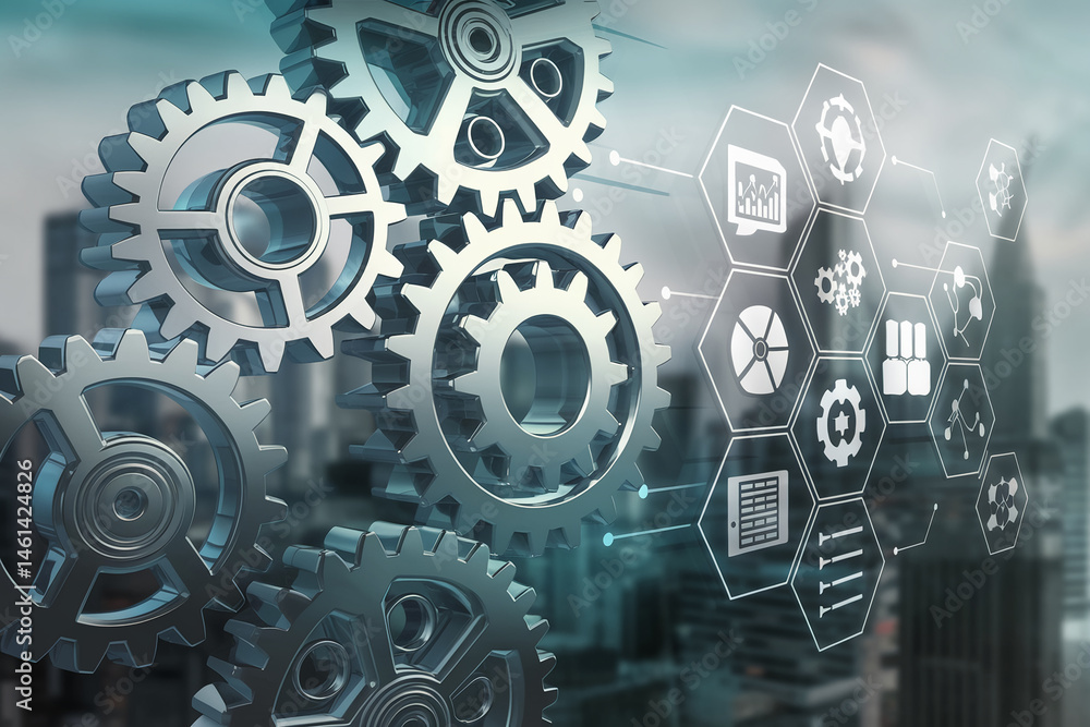 Poster interlocking metallic gears against a blurred cityscape background, showcasing seamless teamwork and