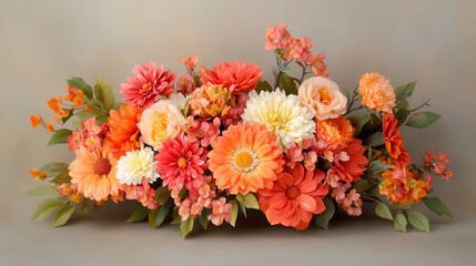 Vibrant floral arrangement, colorful blooms in coral and peach hues, perfect for weddings or celebratory events, inviting and cheerful.