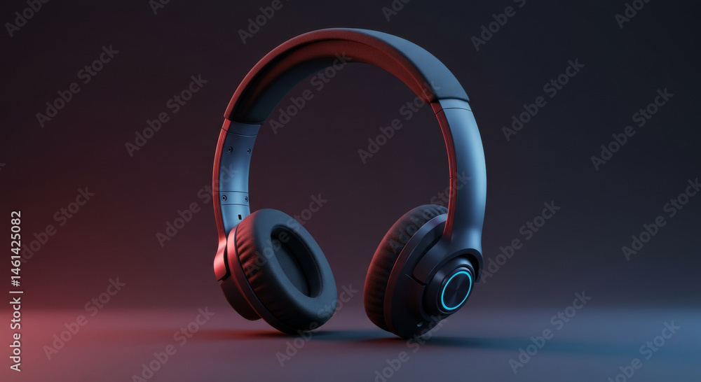 Poster modern headphones with a dark gray color scheme, illuminated with a subtle blue light, sit angled in