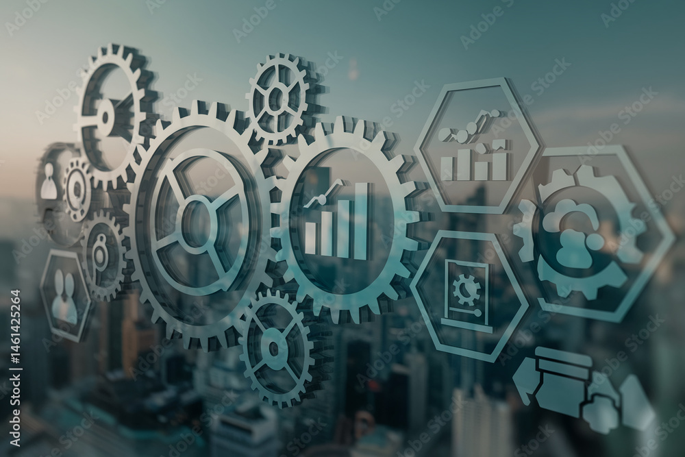Poster interlocking gears with data icons on glass, blurred city background, symbolizing business process a