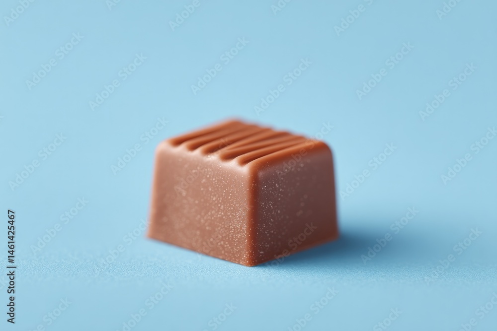 Poster person holding small piece of chocolate in minimalistic style against simple background with ample c