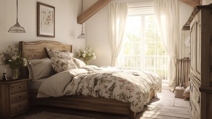 A cozy, sunlit bedroom with wooden furniture and floral bedding.