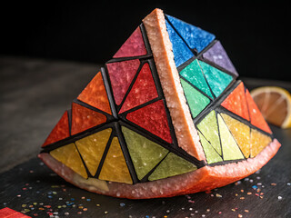 A vibrant geometric pyramid composed of multicolored triangular facets half submerged in shimmering liquid