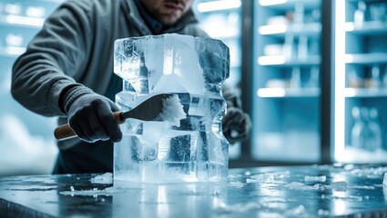 Ice sculptor carving block in blue studio