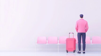 Traveler in pink attire, standing with bright suitcase, minimalist background, theme of adventure and exploration.
