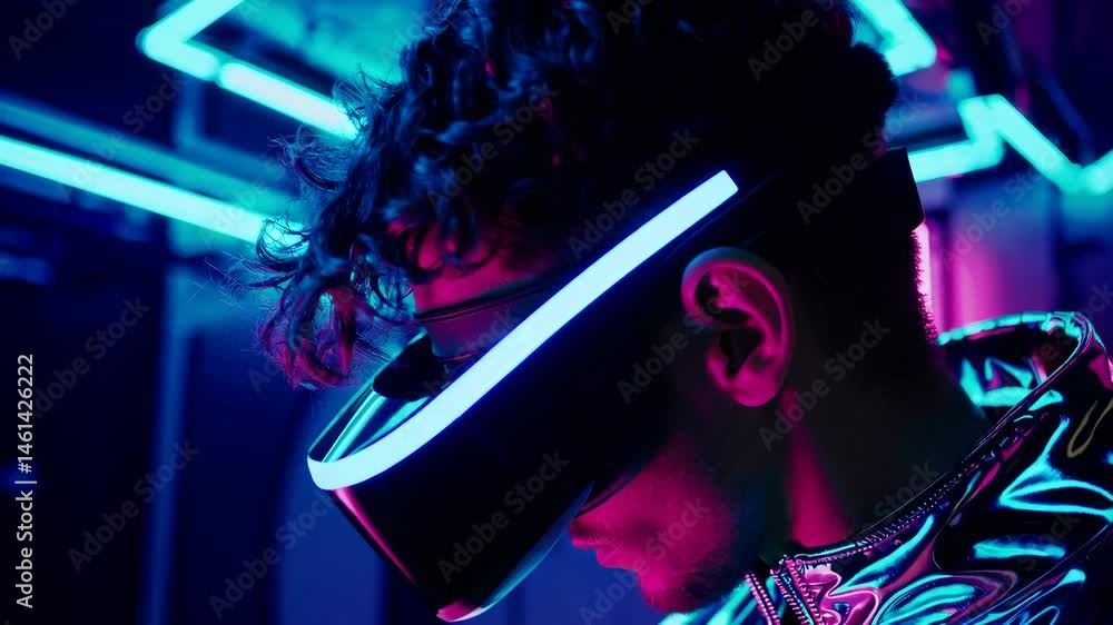 Poster immersive neon future: man exploring virtual reality in futuristic environment