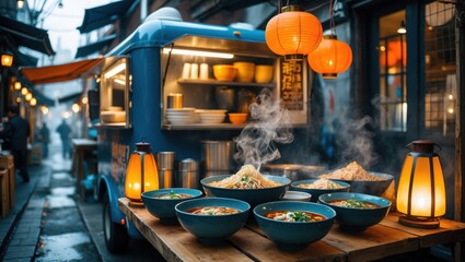 Noodles served from blue food truck at outdoor eatery.