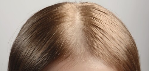 Fototapeta premium Close up view of healthy light brown hair parted in the middle showcasing natural shine and texture