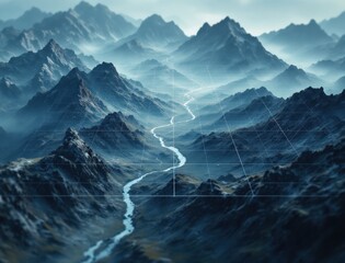 Aerial view of misty mountains with a winding river, overlaid with a digital grid pattern, blending nature and technology.
