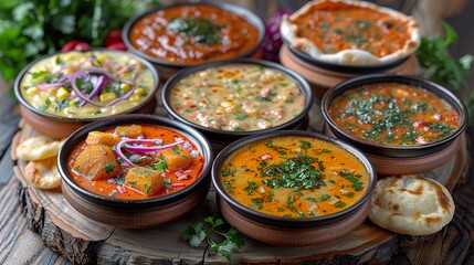 A rustic wooden table filled with traditional Indian thali dishes.  HD 8K wallpaper Photographic Image
