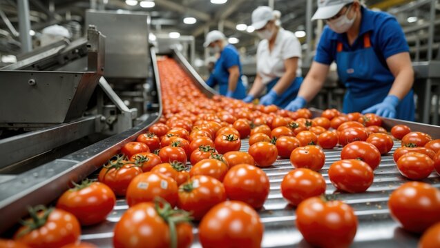 Workers sorting red tomatoes on conveyor belt