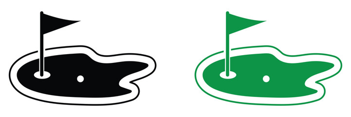 Golf course icon set green field flag hole sport symbol flat design for tournament game outdoor leisure vector illustration.