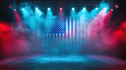 Stage with American flag backdrop, illuminated by colorful spotlights and smoke.