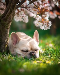 Fototapeta premium French Bulldog Sleeping Under Cherry Blossom Tree