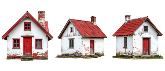 Old houses with red roofs and doors, showcasing rustic charm and weathered textures. These vintage structures evoke sense of nostalgia and history, perfect for various design projects