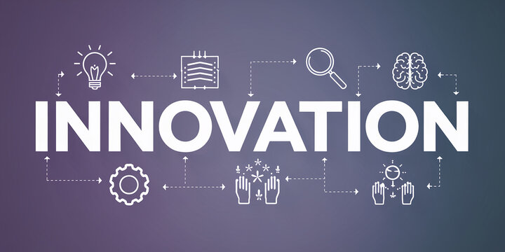Purple background with white text "INNOVATION" and related icons illustrating a process, symbolizing creativity, research, and implementation in business