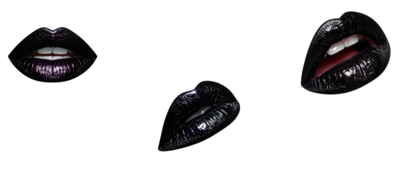 Glossy lips in various poses showcase bold and striking aesthetic, emphasizing beauty and allure. dark tones and shine create eye catching visual appeal