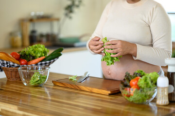 Close up of pregnant woman preparing fresh salad in kitchen